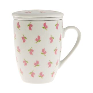 Κούπα τσαγιού πορσελάνινη με φίλτρο και καπάκι ροζ τουλίπες (ET-4071) 1 τεμ.