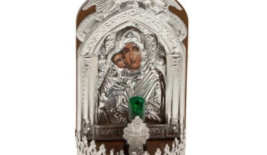 Εικόνισμα ρεύματος με λάμπα Παναγία-Ιησούς ασημένιο μεγάλο (12x9x20εκ.) 1 τεμ.