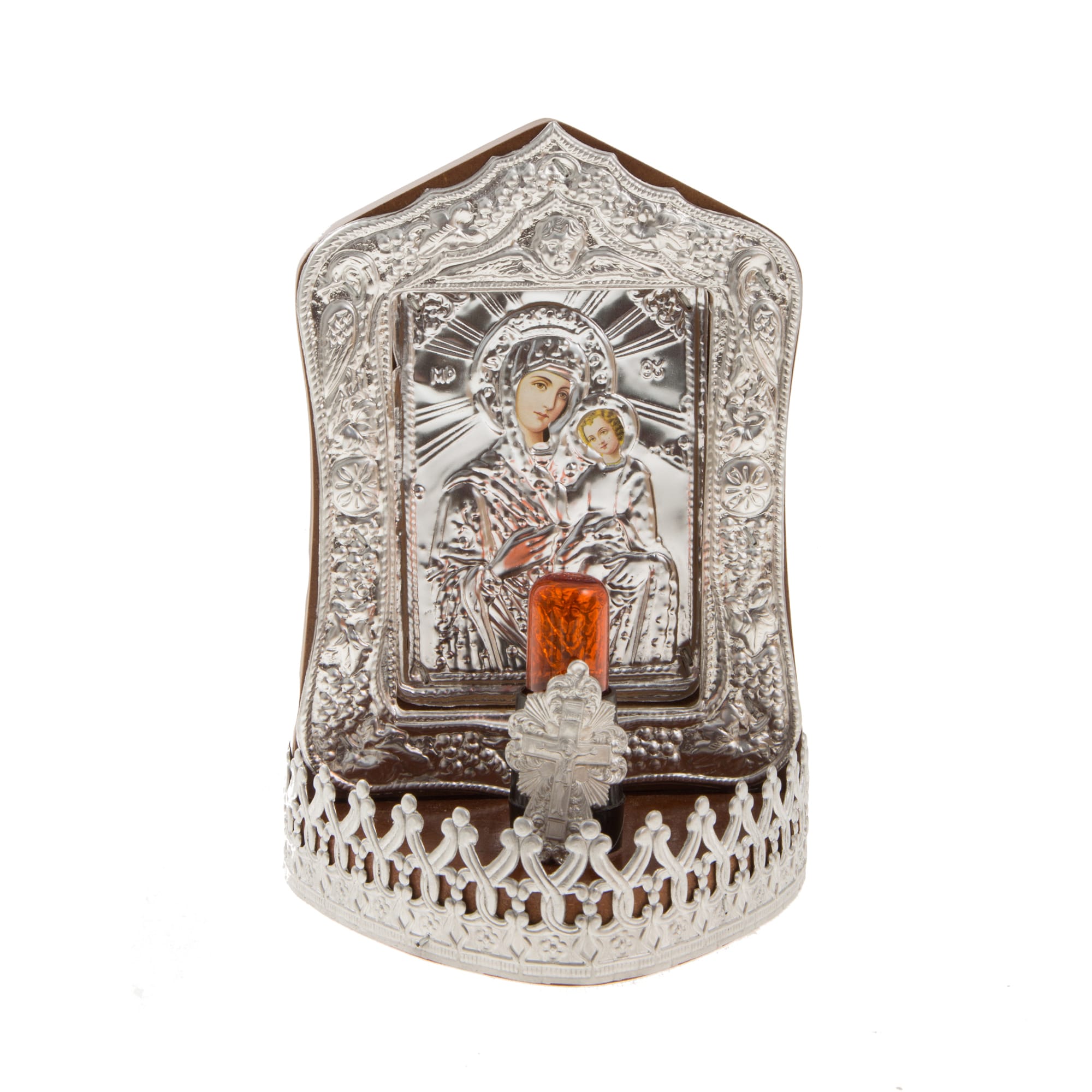 eikonisma-reymatos-me-lampa-panagia-ihsous-ashmenia-mikrh-1tem-1 Εικόνισμα ρεύματος με λάμπα Παναγία-Ιησούς ασημένιο μικρό (12x9x18εκ.) 1 τεμ. - Image 1